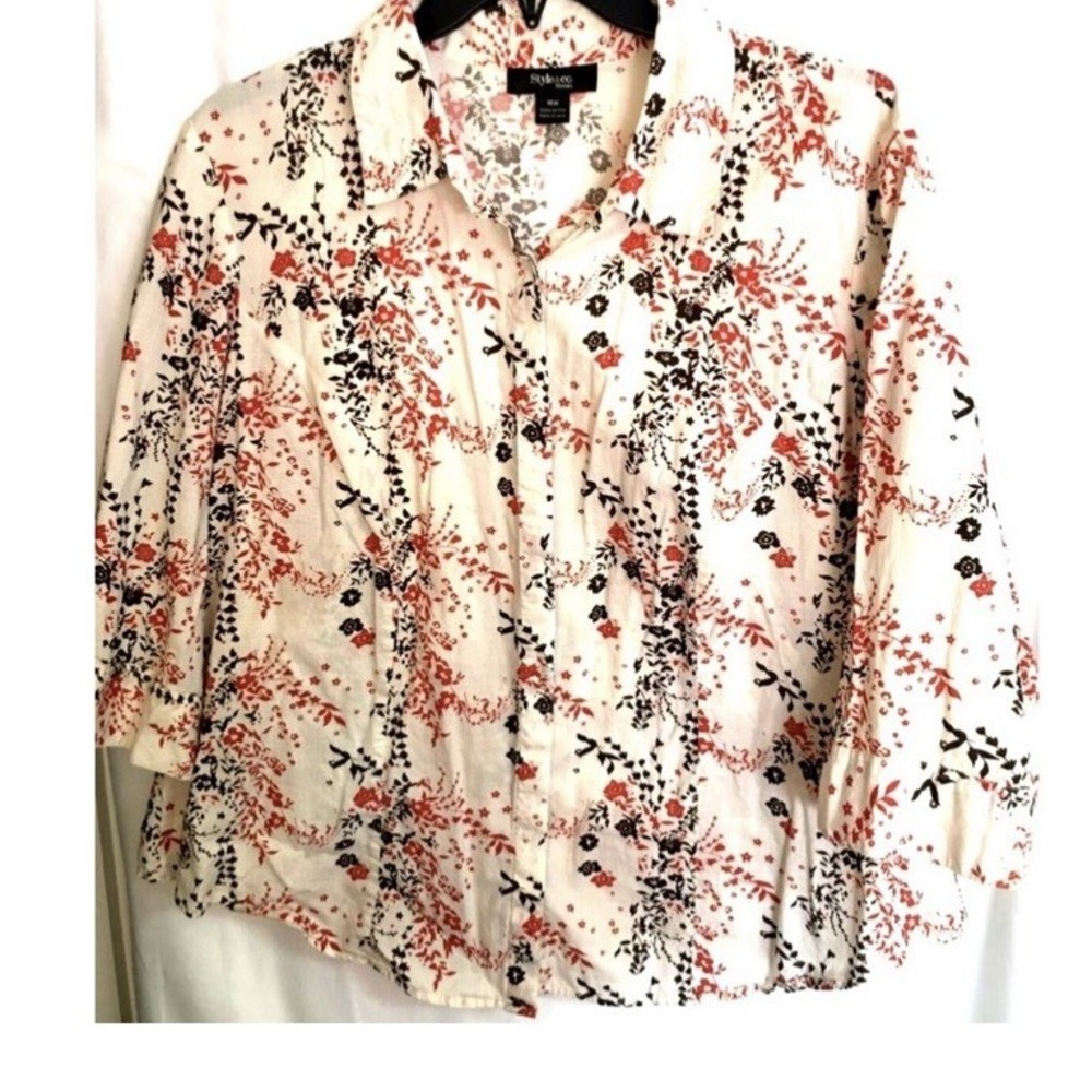 Style & Co Women's Plus Size 16 W Floral Print Button-Down Shirt 3/4 Sleeve West